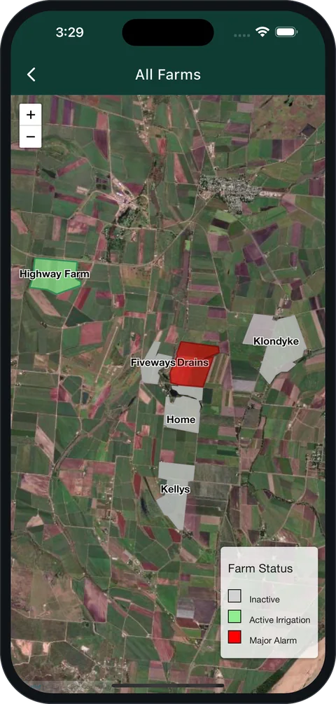 The Aglantis phone app's All Farms screen: a satellite map with each farm outlined and coloured by status: inactive, active irrigation or major alarm.