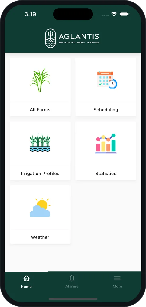 The Aglantis phone app home screen with tiles for All Farms, Scheduling, Irrigation Profiles, Statistics and Weather.