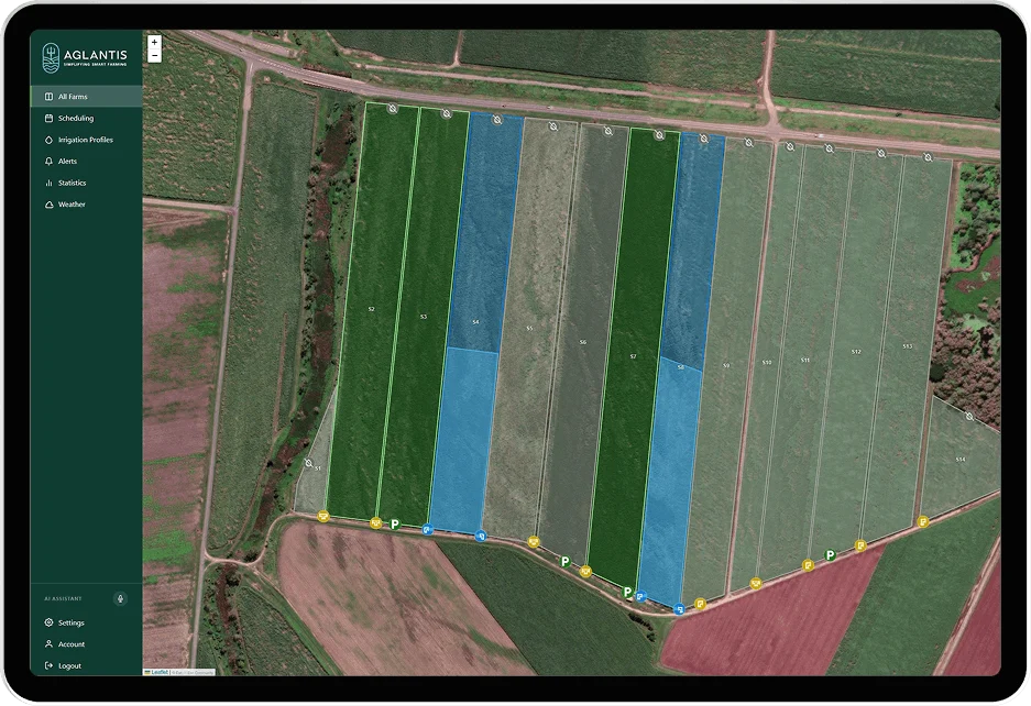 The Aglantis irrigation dashboard: a satellite map of a farm split into irrigation blocks, some highlighted as currently watering, with a menu for scheduling, irrigation profiles, alerts, statistics and weather.